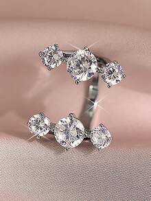 1 pieza Anillo de mujer de estilo simple y elegante con incrustación de circonita cúbica redonda abierta, regalo para compromiso, San Valentín, Navidad, de cobre