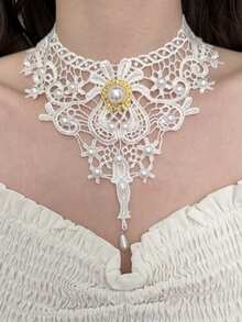 1 pieza Collar de encaje blanco estilo gótico con flores huecas y colgante con flecos, collar gargantilla elegante para mujer, adecuado para uso diario y decoración de fiestas