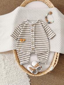 Newborn Baby Girl Cartoon 3D Embroidered Long Sleeve Jumpsuit, Spring/Autumn - Apricot - View 2