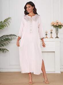 Embroidered 2026 New Style Ramadan Traditional Arabic Women's Elegant Dress, JALABIA With Pockets And Slit Hem, Luxurious Embroidery Design Kaftan Robe - Baby Pink - View 6