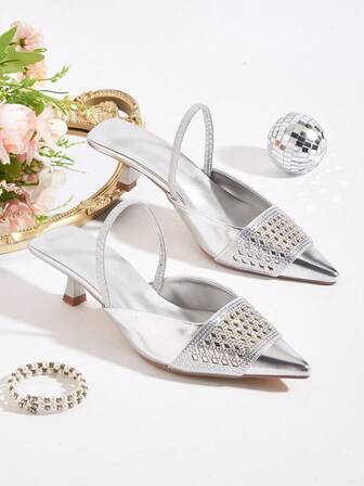 Women's Rhinestone Mesh Decor Kitten Heel Pointed Toe Slip-On Sandals, Fashionable And Elegant For Party And Formal Dress, Low Heel