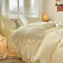 Chic Ruffle Lace Polyester Duvet Cover Set - Girl White Bedding - 2 Piece Twin Comforter Duvet Cover With Zipper Closure - Ultra Soft And Lightweight (White, Twin) - NO Comforter Included - 淡黃色 - 查看 6