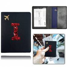 护照夹，PU皮革旅行护照套，防尘，可装银行卡、现金、火车票，便携式卡包，旅行配件，婚礼、情人节礼物，返校必备，26字母图案 - 黑色 - 查看 27