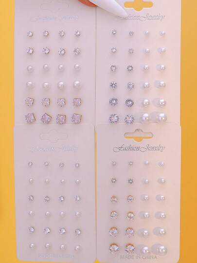 12pcs/24pcs/48pcs Set Minimalist Sparkling Cubic Zirconia & Pearl Stud Earrings, Versatile Combination
