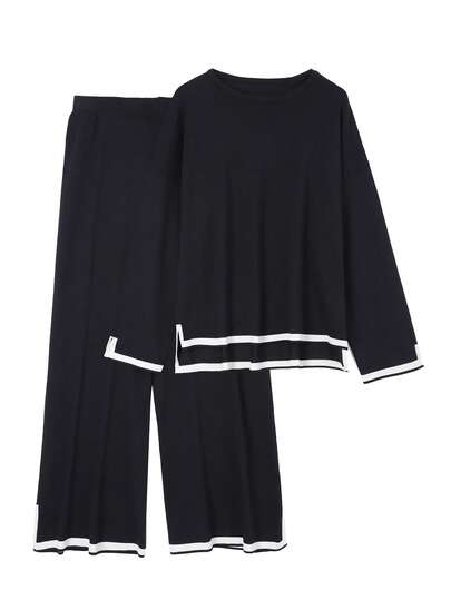 2 piezas Conjunto de suéter y pantalones de punto de talla grande para mujer con ribete de contraste, cuello redondo negro, hombros caídos, con abertura lateral a la moda
