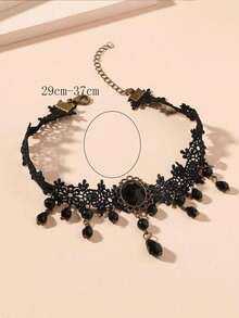 1pc Gothic Style Beaded Pendant Necklace, Lace Choker Necklace For Women - Multicolor - View 2