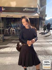 Women's Cotton Long Sleeve T-Shirt, Loose Fit Mid-Length Black Top, Layering Tee For Autumn/Winter