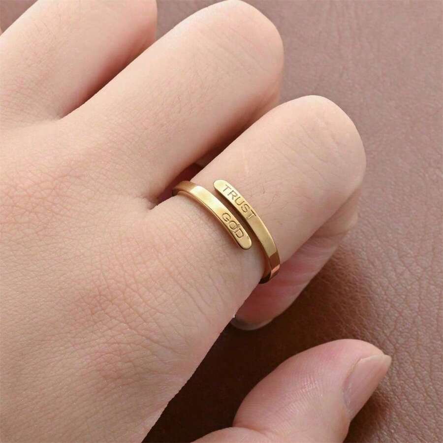 1PCS Women's Open Fashion New Oil Pressure Opening TRUSGT GOD Inspirational Couple Rings, Cross-Border Exclusive Supply - Gold - View 1