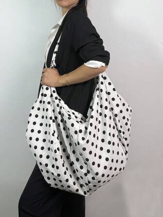 New Black & White Polka Dot Crossbody Bag, Large Capacity Casual Shoulder Bag, Tote Bag, Chiffon Fabric, Suitable For Short Trips, For Women & Girls, Can Be Worn As Shoulder, Crossbody Or Backpack