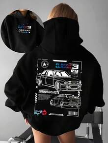 Sudadera con capucha de forro polar con estampado gráfico y ajuste holgado para mujer, invierno