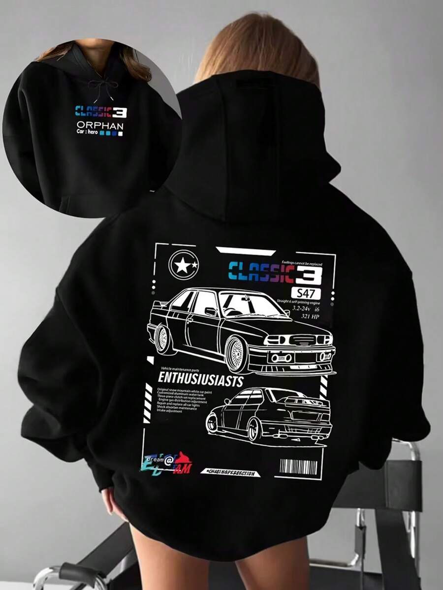 Sudadera con capucha de forro polar con estampado gráfico y ajuste holgado para mujer, invierno