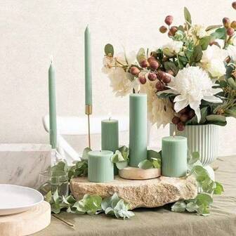 一套罗纹柱形蜡烛（1支），宽3英寸，高1.97英寸、3.94英寸、5.91英寸、7.87英寸，大号大豆蜡香氛柱形蜡烛，优雅罗纹现代家居装饰，适用于浴室、客厅（绿色）