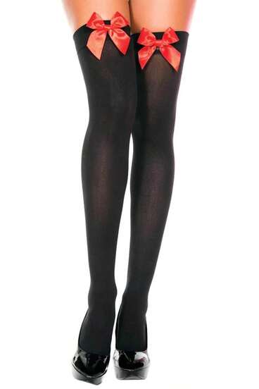Deluxerie Women's Black Thigh-High Stockings With Red Bow, Satin Ribbon, Over-The-Knee Socks, Sexy Stockings, Lingerie Accessories, Fashion, Legwear, Party Costume, Halloween, Christmas, Valentine's Day, Gift, Adult, Fancy Dress, Role-Play, Bedroom Accessories, Bridal, Honeymoon, Wedding Night, Intimate Apparel, Plus Size Available, Elastic Band, Stay-Up Stockings, Nylon Tights, Pantyhose, Opaque