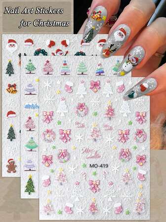 3/6 张 5D 圣诞女士美甲贴纸，自粘式圣诞老人雪花蝴蝶结指甲贴花，可爱冬季假日美甲装饰用品，DIY 美甲，凝胶丙烯酸指甲配件