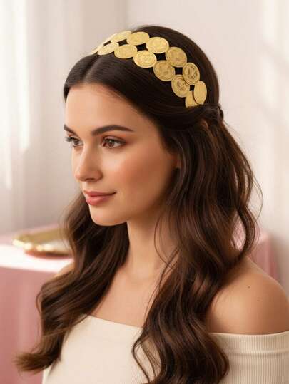 1pc Double-Layer Ottoman Coin Pattern Headband For Women, Vintage Moroccan Gilded Elegant Hair Accessory For Daily, Party, Holiday Wear, Bride To Be, Hair Accessories For Women