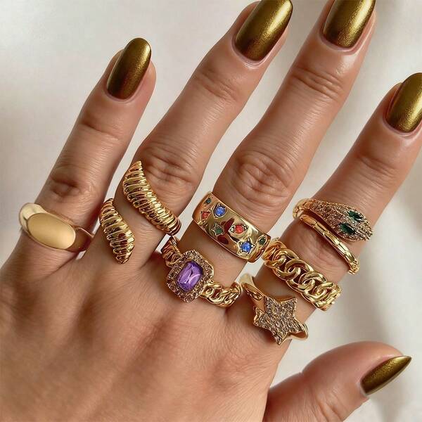مجموعة خاتم سبعة قطع من سبائك معدنية فاخرة ومصممة خصيصًا للنساء، مجموعة خواتم نجمية قابلة للتكديس، خواتم أصابع مفتوحة مبالغ فيها