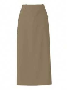 高腰针织面料半身裙，带口袋，松紧腰，优雅，适合秋冬 - 卡其色 - 查看 5