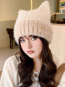 قبعة نسائية صلبة اللون من الفرو الناعم بطراز بوهيمي كاجوال ريترو ملكي، قبعة دافئة محبوكة بأذن قطة وفيونكة مناسبة للاستخدام الخارجي في فصلي الخريف والشتاء
