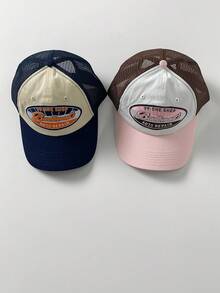 1pc Retro Letter Embroidery Baseball Cap, Women's Summer Student Versatile Snapback Hat, Breathable Wide Brim Mesh Cap, Colorblock Flat Brim Branded Streetwear Cap, Petite Size - Multicolor - View 6