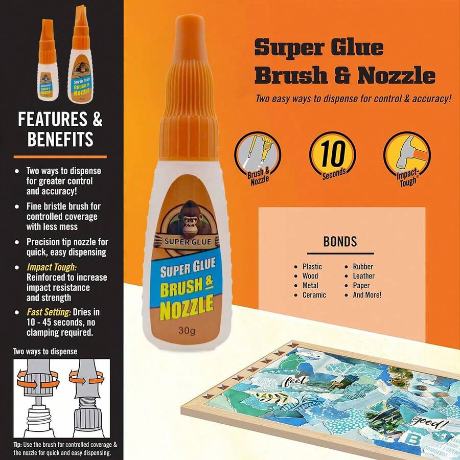 强力胶，带刷头和喷嘴，透明胶，12克/30克。适用于各种项目和维修，用途广泛，快速固化。可用于陶瓷修复，安全可靠。适用于鞋子、塑料、皮革、玻璃、模型、金属、木材、陶瓷、杯子、陶盘等。 - 彩色 - 查看 1