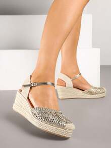 波西米亚风编织坡跟帆布鞋 - 女式夏季凉鞋 - 休闲 - 金色 - 查看 4