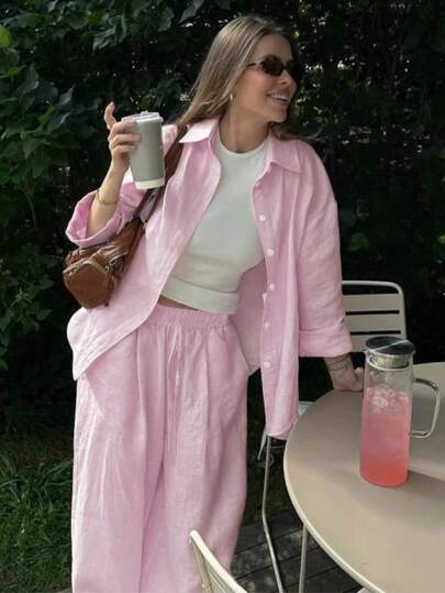 Women's Long Sleeve Top & Wide Leg Pants 2-Piece Set, Casual Elegant Outfit, Woven Fabric, Comfortable, Machine Washable, Classic Fashion, Minimalist Style, Suitable For Casual, Commute, Vacation, Date Night, Beach, Wedding, Garden, Street