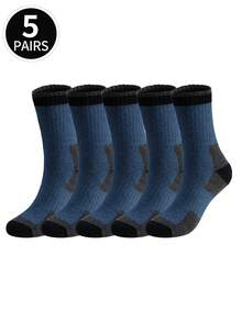 5 Pairs Men's Thick Thermal Crew Socks, Warm Wool Blend Socks For Outdoor Sports Like Hiking, Skiing In Winter