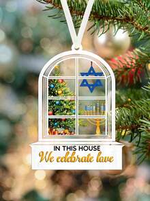 1 Stück In diesem Haus feiern wir die Liebe Menora Ornament, personalisiertes Ornament, Weihnachts-Acryl-Ornament, interfaithliche Feiertagsdekoration, interfaithliches Familiengeschenk, Heimdekoration, Weihnachtsbaum-Hängeornamente