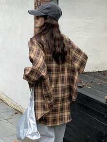 女式格子纽扣前口袋休闲居家旅行长袖衬衫，春秋季 - 棕色 - 查看 5