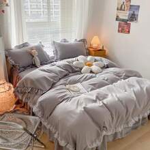Chic Ruffle Lace Polyester Duvet Cover Set - Girl White Bedding - 2 Piece Twin Comforter Duvet Cover With Zipper Closure - Ultra Soft And Lightweight (White, Twin) - NO Comforter Included - 淺灰色 - 查看 2