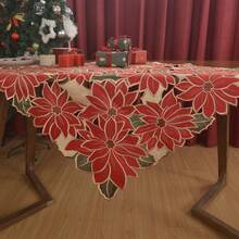1 Pc Embroidered Poinsettia Christmas Table Cloth, Table Runner, Placemat, Embroidery With Cutworks Patterns, Red Color, Size: 33.46"*33.46", 15.35"*33.46", 15.35"*53.15", 15.35"*69.29", 11.42"*17.32", 100% Polyester, Embroidered Table Cloth, Table Runner, Best Decoration For All Kind Of Tables During Christmas.