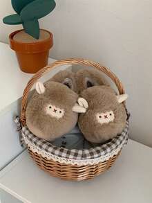 XIXITIAO 1 Pair Soft Plush Sheep Design Slippers, Warm Thick Slip-On Flat Indoor Shoes For Couples, Suitable For Home, Party Wear, Winter - Brown - View 12