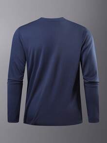 男士轻薄圆领长袖套头T恤，适合休闲或运动穿着 - 藍色 - 查看 6