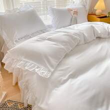 Chic Ruffle Lace Polyester Duvet Cover Set - Girl White Bedding - 2 Piece Twin Comforter Duvet Cover With Zipper Closure - Ultra Soft And Lightweight (White, Twin) - NO Comforter Included - 白色 - 查看 9