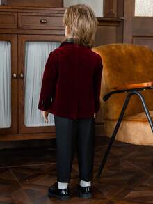 3pcs/Set Young Boy Suit, Includes Jacket + Pants + Bow Tie, Gentleman Outfit For Autumn/Winter - Burgundy - View 4