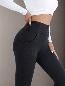 女士高腰保暖打底裤 - 弹力加厚，保暖舒适，适合冬季穿着，配有弹性腰带和口袋，休闲舒适 | 时尚冬季裤装 | 保暖打底裤 - 黑與白 - 查看 6