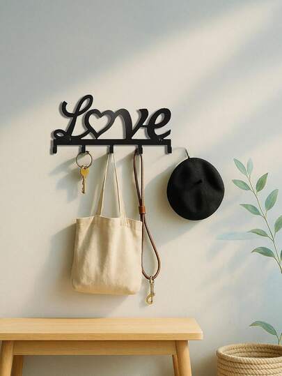 1PC Black 'LOVE' Keychain Box - Wall-Mounted Storage With 5 Hooks For Keys & Accessories