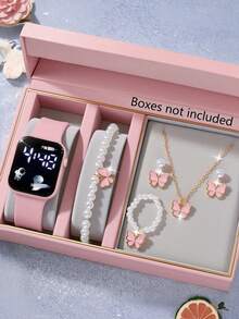 6/5 件可爱白色表带 LED 空间元素数字显示电子手表，搭配珍珠项链、手链、戒指、耳环和首饰套装，非常适合派对、打包和外出、为朋友和亲戚购买礼物，以及作为送给女孩的礼物 - 彩色 - 查看 13