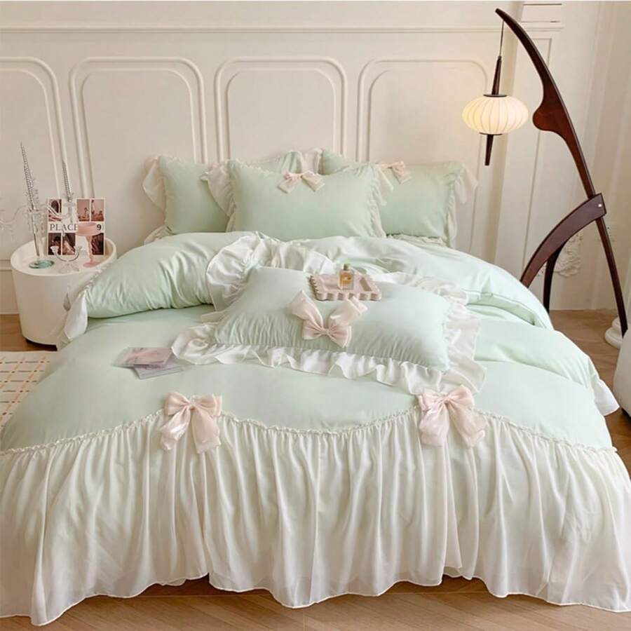 Aesthetic Girls Twin Comforter Cover Set, Romantic French Princess Style Ruffled Duvet Cover With Lovely Bow And Zipper Closure - Pink, Twin Size - Green - View 1