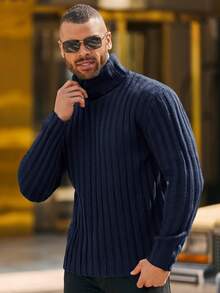 Mens Turtleneck Cable Knit Pullover Sweater Warm Thick Chunky Knitwear Fall Winter Outfit - 藏蓝色 - 查看 3
