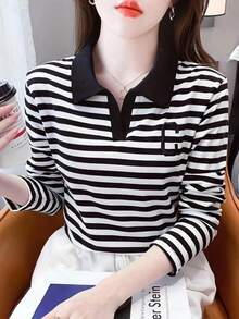 Camiseta de base de cuello polo a rayas de moda para mujer, ajuste ceñido, versátil, manga larga, primavera/otoño