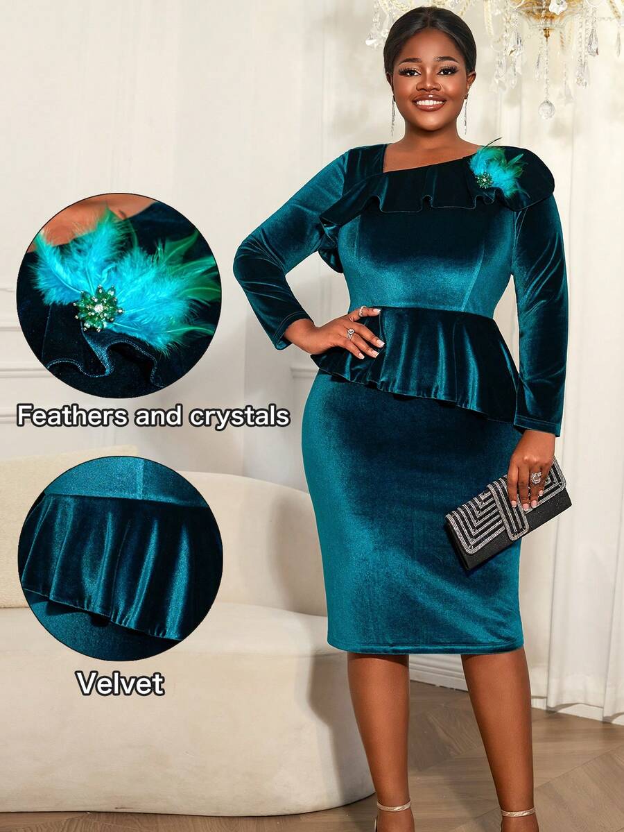 Plus Size Fall Clothes For Women V-Neck Velvet Warm Peplum Bodycon Dress Asymmetrical Ruffled Long Sleeves Blue Party Cocktail Midi Dresses With Faux Feather Decorated Christmas Party Dress - 藍色 - 查看 1