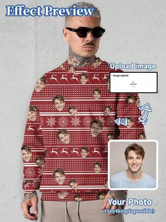 Felpa con cappuccio personalizzata da uomo, possibilità di personalizzare con motivi, ritratti di uomini, donne, bambini, animali domestici, cartoni animati, temi natalizi, felpa da uomo interessante