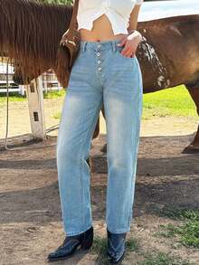 Women's Classic Straight Leg Jeans - Mid Rise Vintage Wash Denim Pants With Single Button Fly & Utility Pockets For Everyday Casual Wear