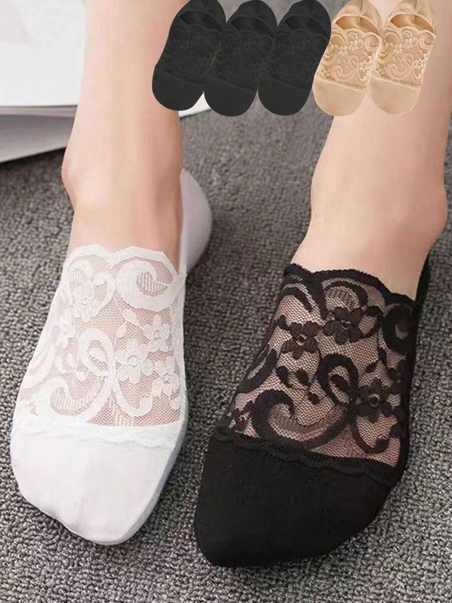 5 Pairs Women's Lace Invisible Transparent Low Cut No Show Socks, Black, Non-Slip Boat Socks, Christmas Gift
