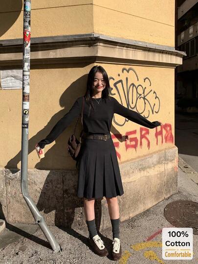 Women's Cotton Long Sleeve T-Shirt, Loose Fit Mid-Length Black Top, Layering Tee For Autumn/Winter