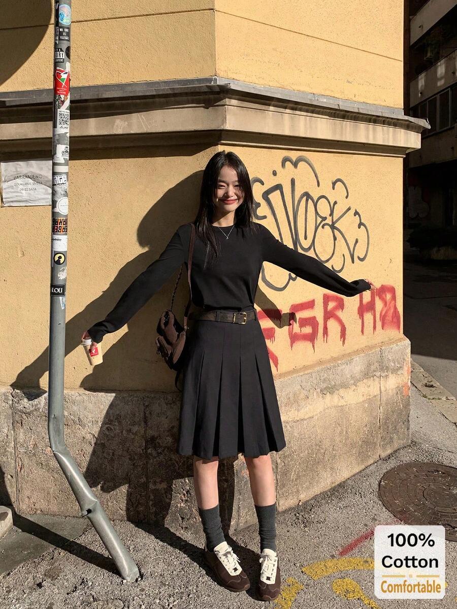 Women's Cotton Long Sleeve T-Shirt, Loose Fit Mid-Length Black Top, Layering Tee For Autumn/Winter