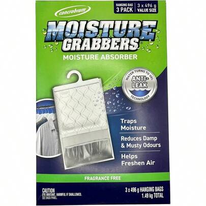 Concrobium Moisture Grabber Hanging Bag Pack Of 3 FragranceFree Moisture Absorber With AntiLeak Technology For Closets Kitchens And Bathrooms Prevents Mould Growth And Freshens Air Indoors