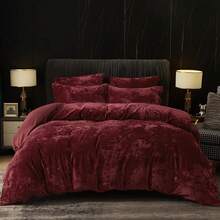 Queen Size 3pcs Ultra Soft Breathable Comforter Cover Set, Luxury Cozy Flannel Duvet Cover With Pillow Shams, 90" X 90", Dark Grey,  And  Bedding Collection - 酒紅色(無被子) - 查看 1