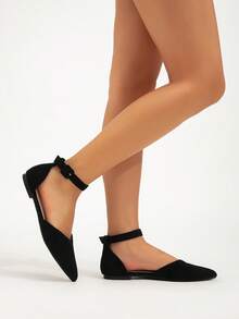 Women's New Simple Black Flat Shoes, Versatile For Commuting, Office, Workplace, Home, Closed Toe, Buckle Closure, Low Heel, Pointed Toe Flats, Black Sandals, All Season - Black - View 6